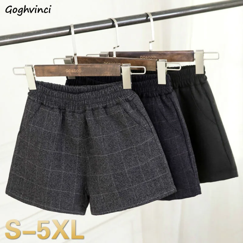 Hot Sale Shorts Women Elastic Waist Plaid Pockets Winter Thicker Fashion Retro Harajuku Elegant Korean Style Loose Chic Ins Cozy