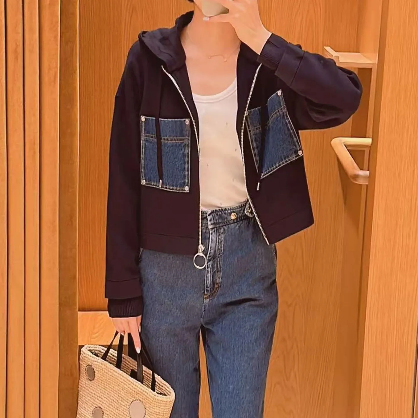 

Ele Comfortable High-End Women's Knitted Denim ket Hoodie Open Cardigan Coat Autumn Design Sensation S Home Faion