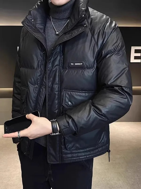 Jaet de plumón de cuero para hombre Invierno Thiened ort Sle Abrigo con cuello levantado Youth Faion Nuevo 2025 Ci Casual Blanco Du...