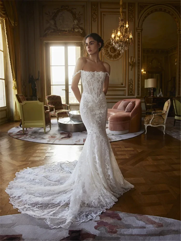 

Иллюзионные кружевные свадебные платья русалки с открытыми плечами, индивидуальное свадебное платье без бретелек с открытой спиной, длиной до пола, платья невесты