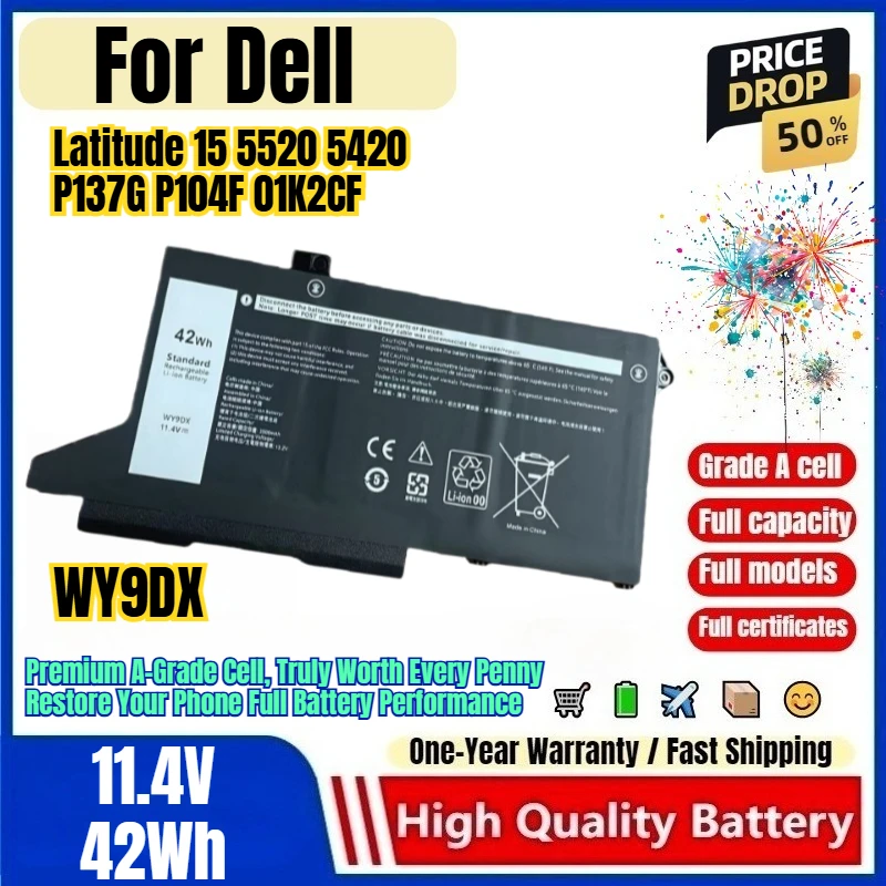 WY9DX for Dell Latitude 15 5520 5420 P137G P104F 01K2CF Laptop Battery 0 Cycle High Quality Capacity Battery Replacement Bateria