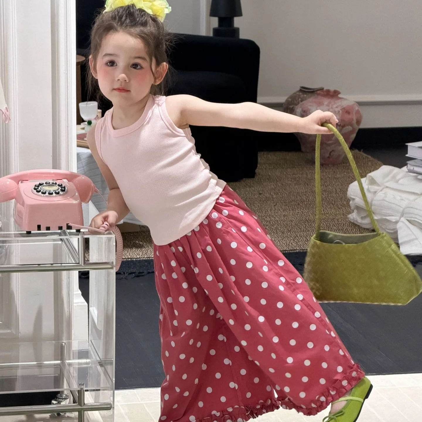 2026 Summer New Fashion Kids Clothing Girls Solid Color Stylish Versatile Sweet and Pretty Back Hollow Vest Polka Dot Pants