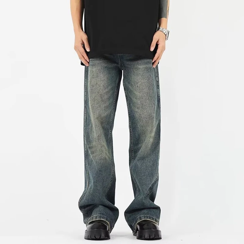 

Washed American Style Vintage Men Jeans Straight Leg Autumn New Loose Wide Leg Denim Pants Male Fashion Daily Casual Trousers