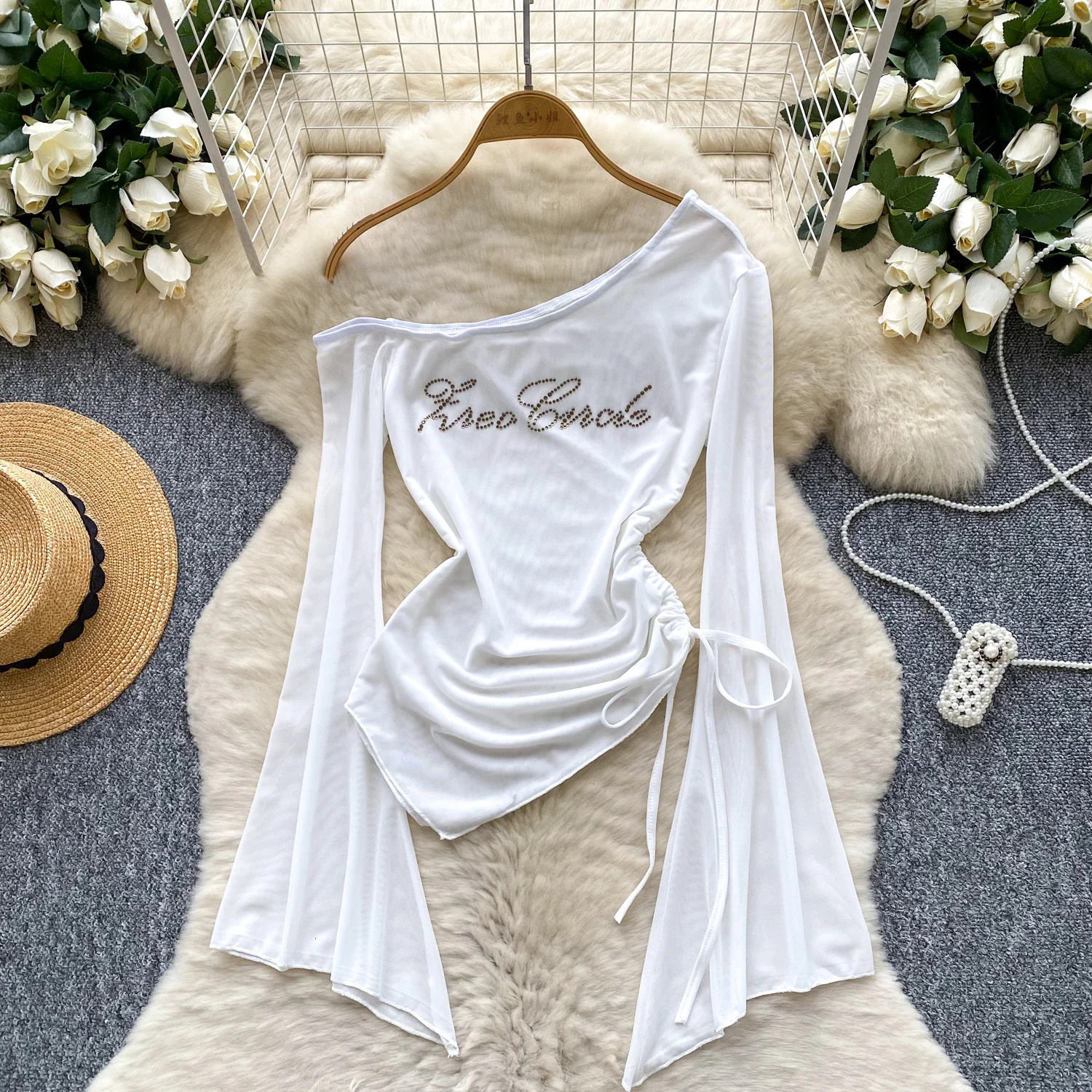 

Female Shirring Diamond Skew Neck Flare Sleeve Tops Shirts Tees Lady Vintage Hotsweet Asymmetric Ins Chic Trendy Gothic Punk Top