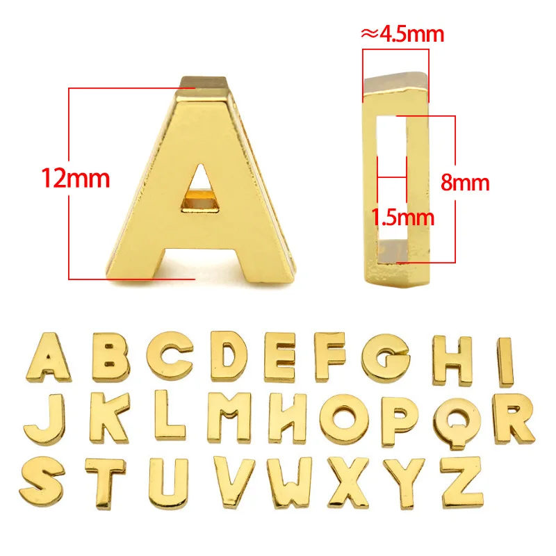 50PC/lot Hole 8MM 10mm Plain Slide Letter Golden A-Z Alphabet Slide Charms Fit For diy Keychains Pet Collar bracelet making