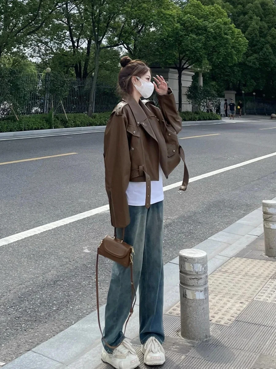 เสื้อแจ็คเก็ตหนัง PU สีน้ำตาล คอปก ทรงหลวม สำหรับผู้หญิง สไตล์ลำลอง ใส่ทำงาน แบรนด์ PmORh สำหรับเด็กอายุ 8-24 ปี