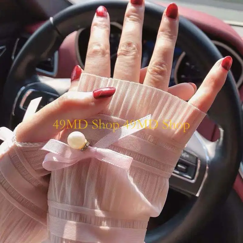 49MD Elegant Long Gloves with Pearl Decor Bridal Elbow Lengths Lace Delicate Gloves