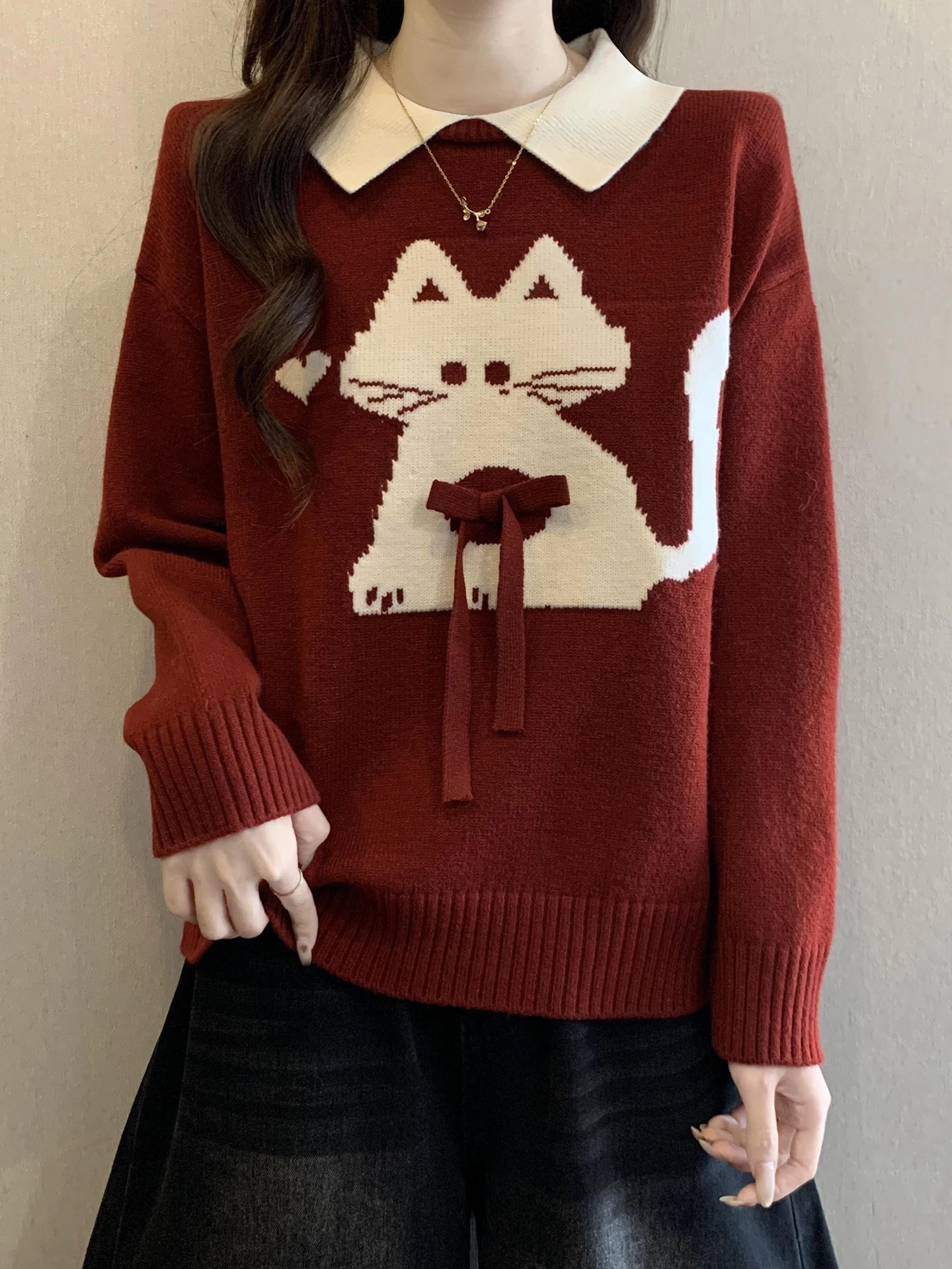 

Red Ne Knitted Sweater Women's plus Size Inner Design Slimming Cartoon Print Warmth Commute Sle Long Sve Top
