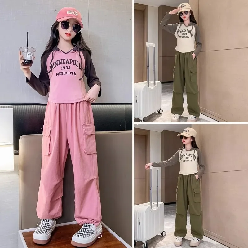 parentage autumn winter Kids women Children set Girls Clothes letters hooded T-Shirt + wide leg Cargo Pants Teenager 12 25 year