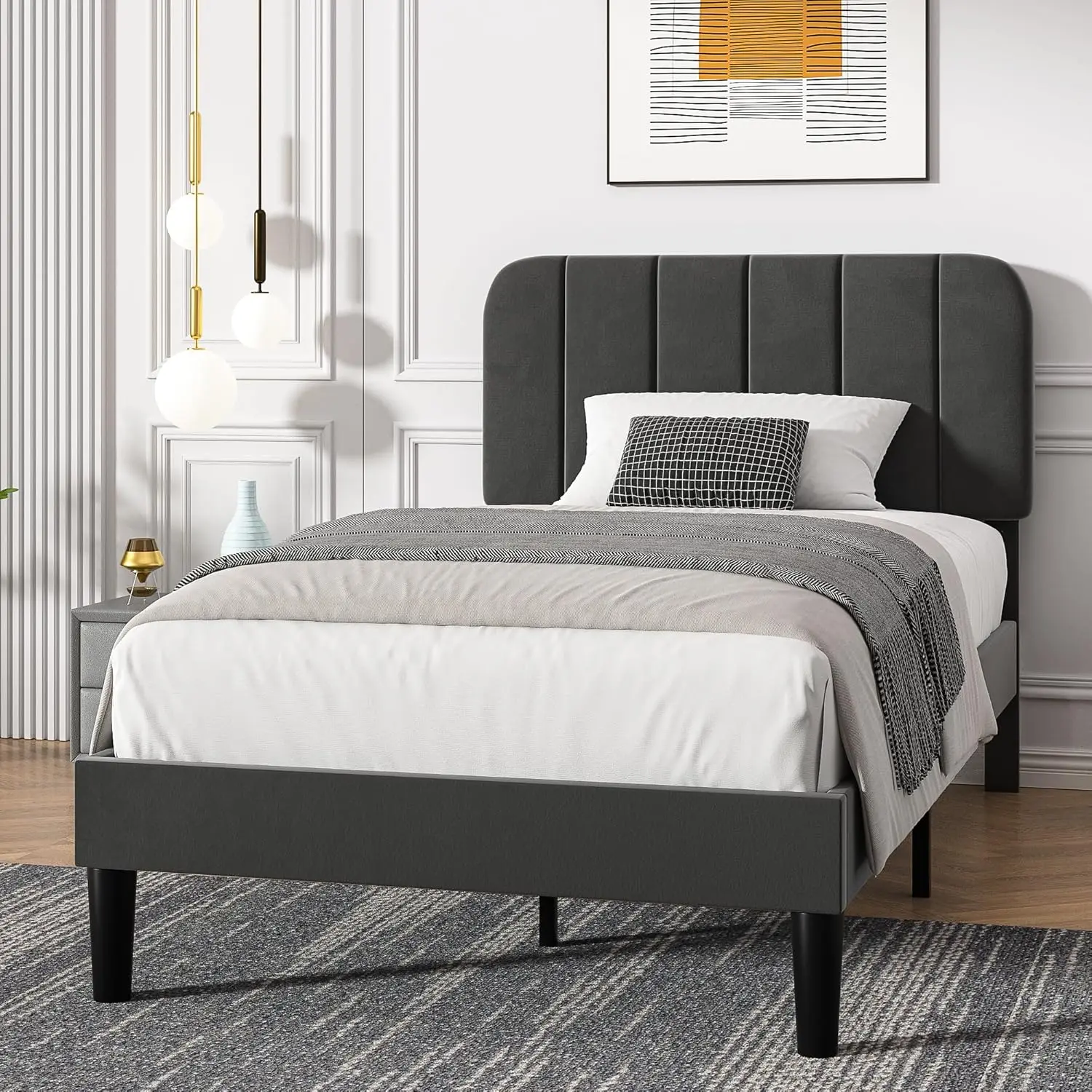 Twin Size Upholstered Bed Frame with Adjustable Headboard, Velvet Platform Bedframe Mattress Foundation, Strong Wood Slat Suppor