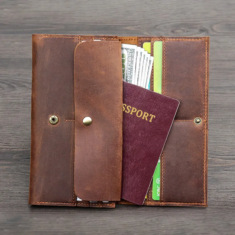 Top Grain Leather Thick Mens Long Wallet Phone Handbag Outdoor Passport Protection Bag Large Capacity Multiple Card Slots