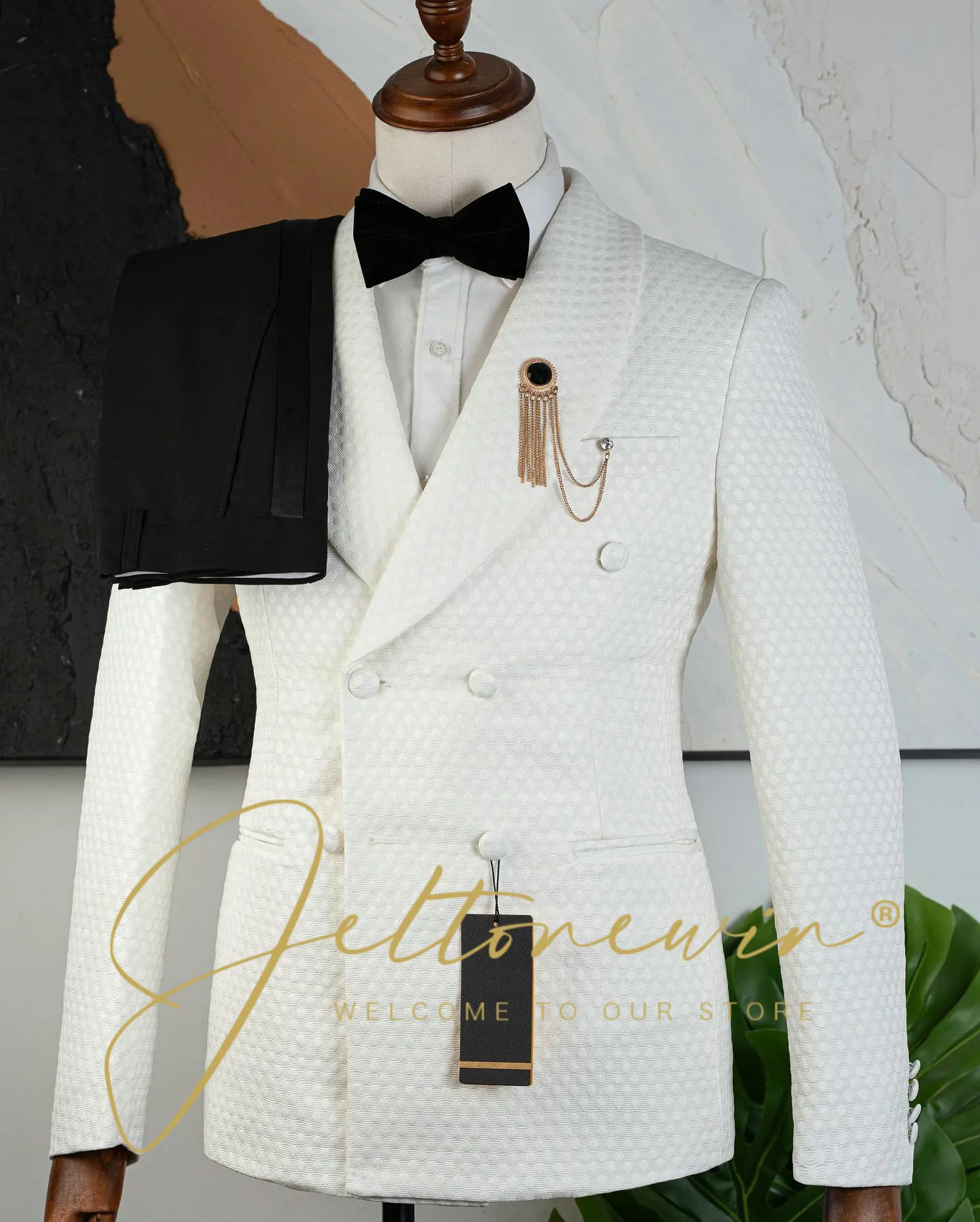 Men's White Micro Check Double Breasted Suit Two Piece Set Slim Fit Formal Wear for Wedding Groomsmen Party Event