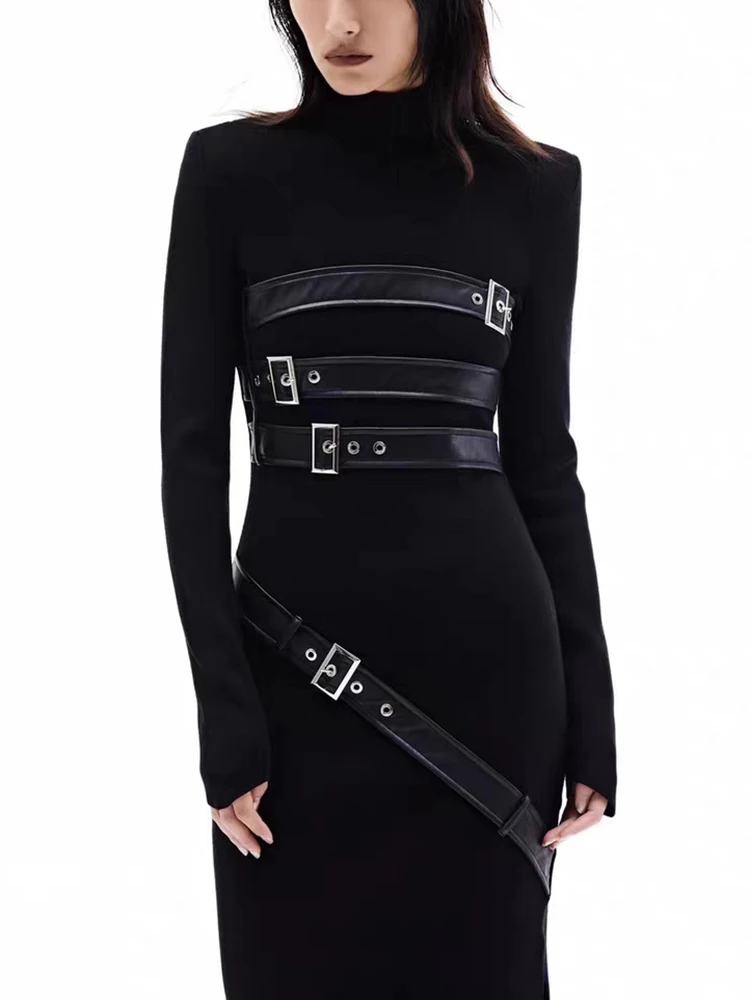 TWOTWINSTYLE Spliced Belt Split A Line Dresses For Women Stand Collar Long Sleeve High Waist Slimming Dress Female Fashion New