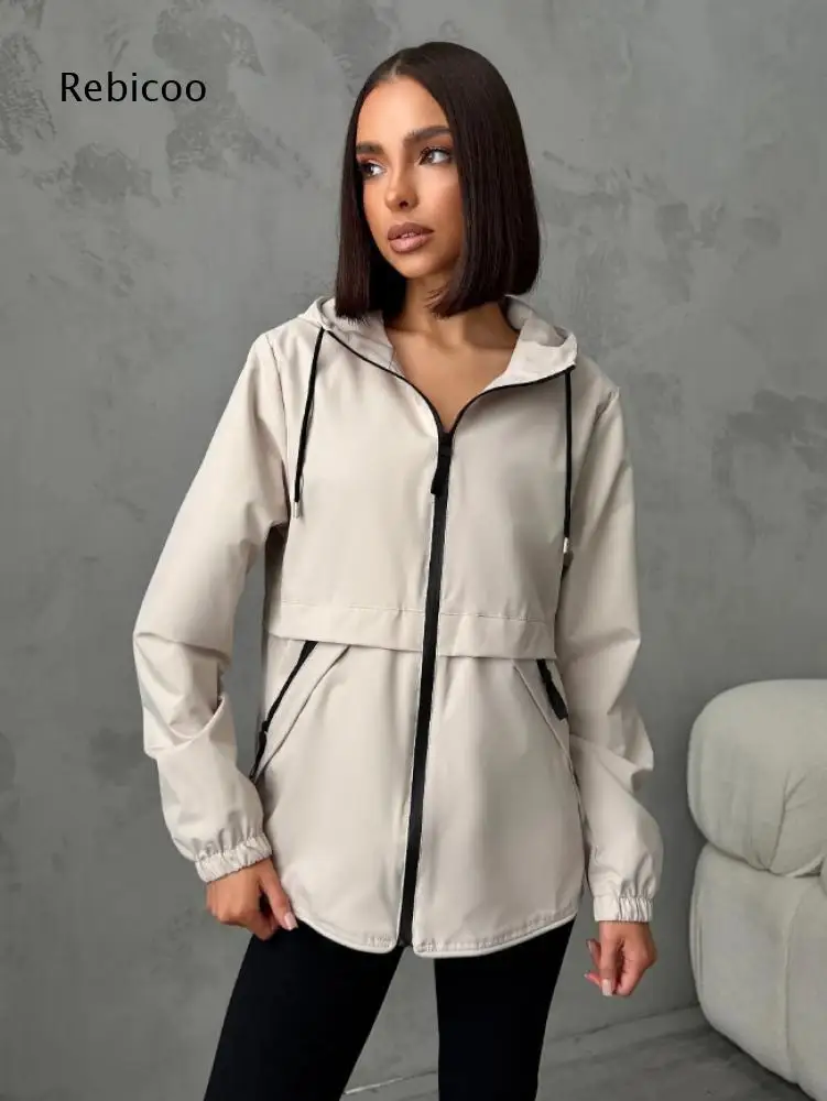 Long Sleeve Hooded Outerwear For Women Full Zip Closure Drawstring Hood Elastic Cuff Zipper Side Pockets For Travel And Commute