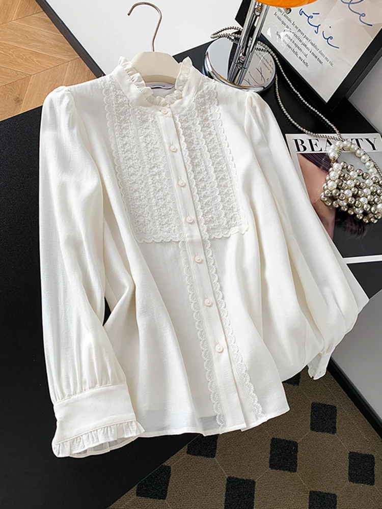 

Retro Stand Collar Lace Patchwork Long Sve Women's irt Spring New Sle Slimming Versatile White Top Cleanfit Brand