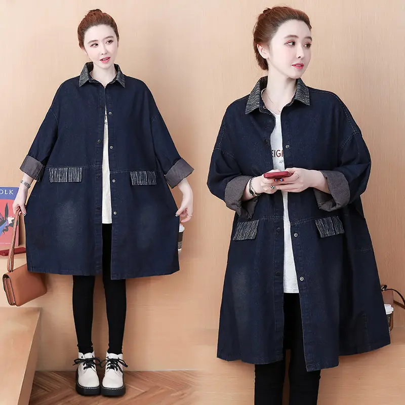 Spring Autumn Mid-Length Denim Coat Women Temperament Turn Down Collar Casual Korean Loose Large Size Windbreaker Jacket T540