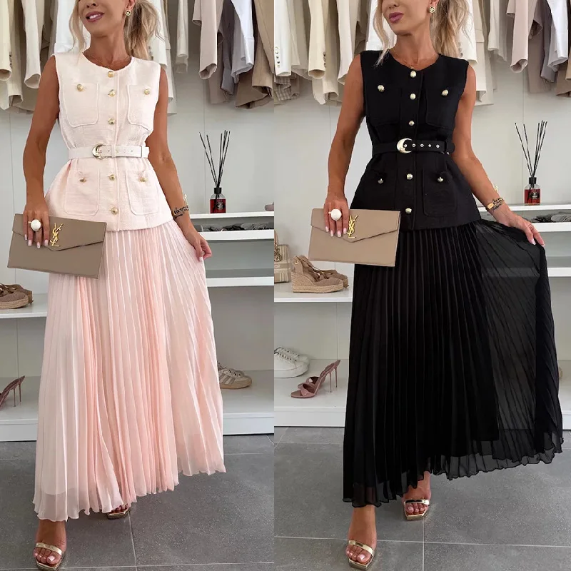 

Women Casual Sleeveless Slim Fit 2Pc Outfits Elegant Mesh Pleated Solid Party Suit Fashion O-neck Button Tops & Long Skirts Sets