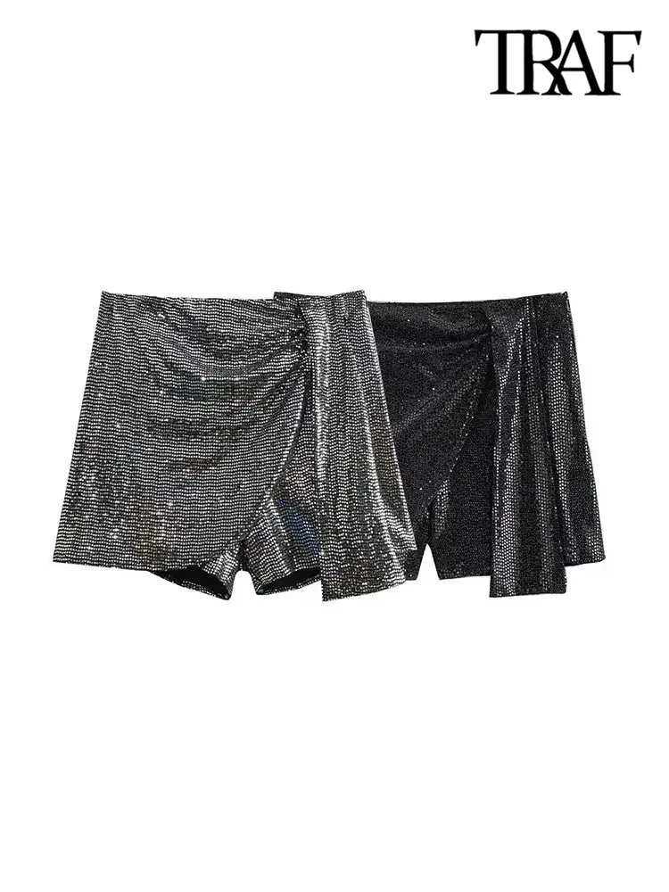 TRAF-Women's Knotted Sequin Shorts Skirts, High Waist, Side Zipper, Female Skort,Fashion