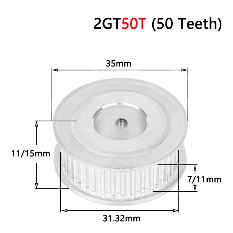 1pc 50 Teeth 2GT Timing Pulley Bore 4 5 6 6.35 8 10 12 12.7 14 15mm for Width 6mm 10mm 2GT Synchronous Belt GT2 50T Pitch 2mm