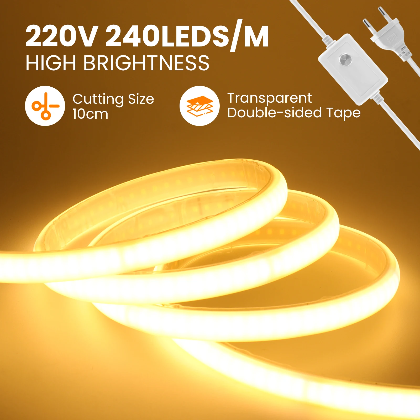 220V 230V 240V Dimmable COB Neon LED Strip Light 240LEDs/m High Density IP65 Waterproof COB Linear Light Warm/Natural/Cold White