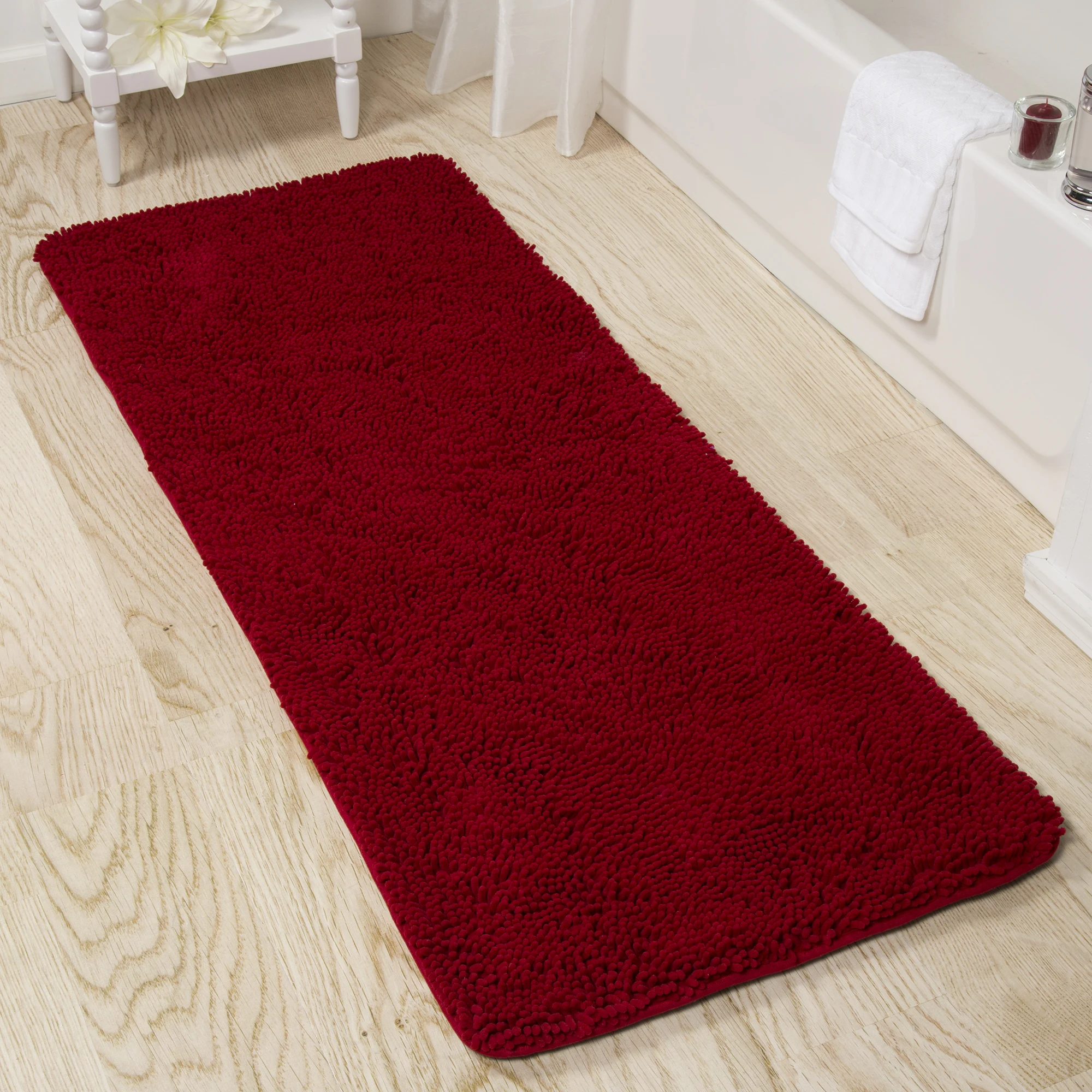 

Memory Foam Bath Mat 58x24 Inches Plush Chenille Shag Rug Burgundy