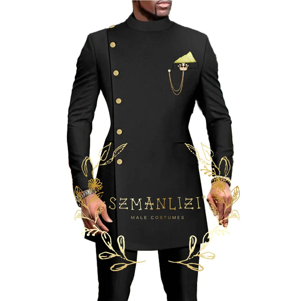 

African Design Double Breasted Men Suits Stand Collar Black Wedding Tuxedos Groom Formal Wear Best Man Blazer Pants