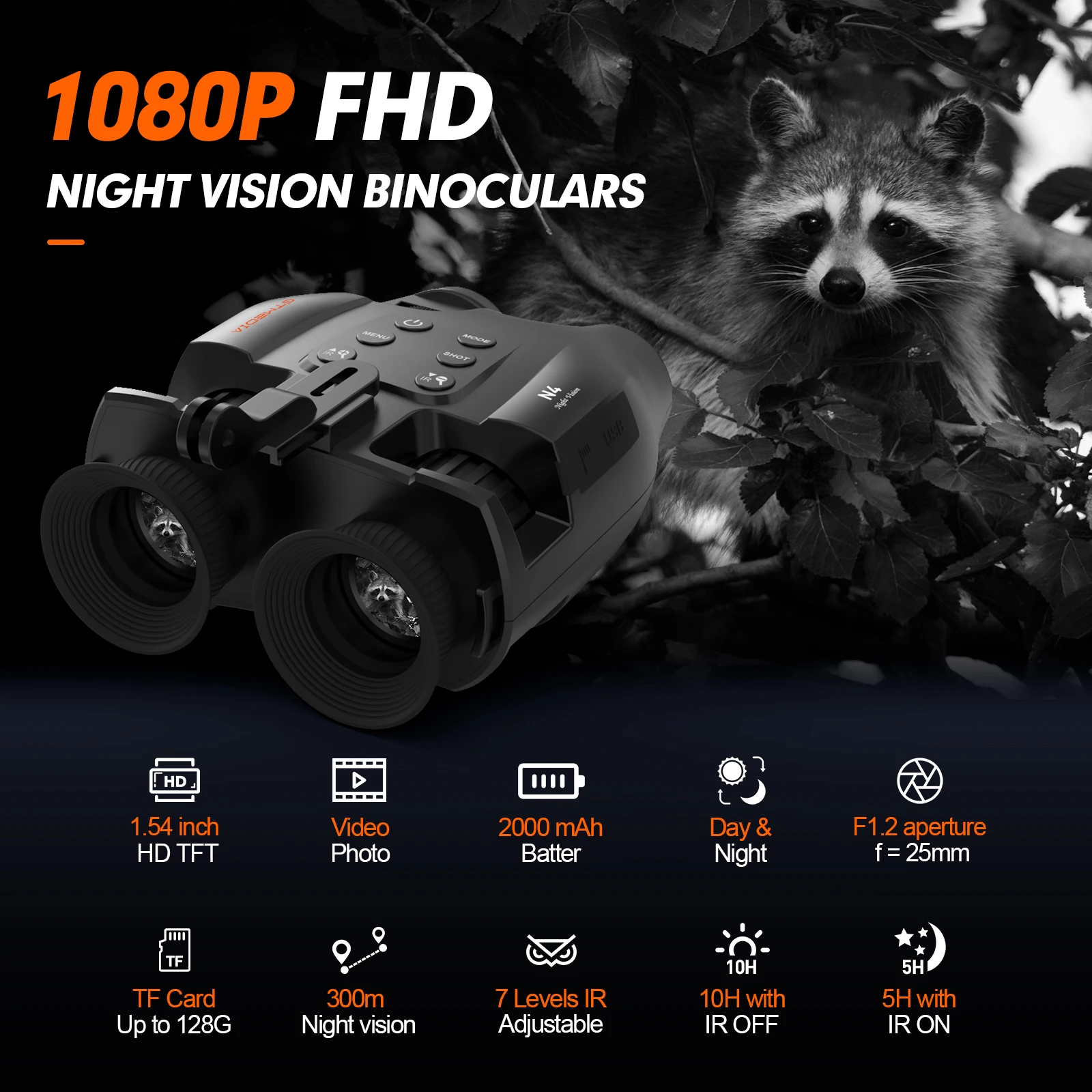 

Инфракрасный бинокль ночного видения GTMEIDA N4, 4K HD, телескоп с 5-кратным цифровым зумом, 300 м, инфракрасная камера ночного видения для охоты