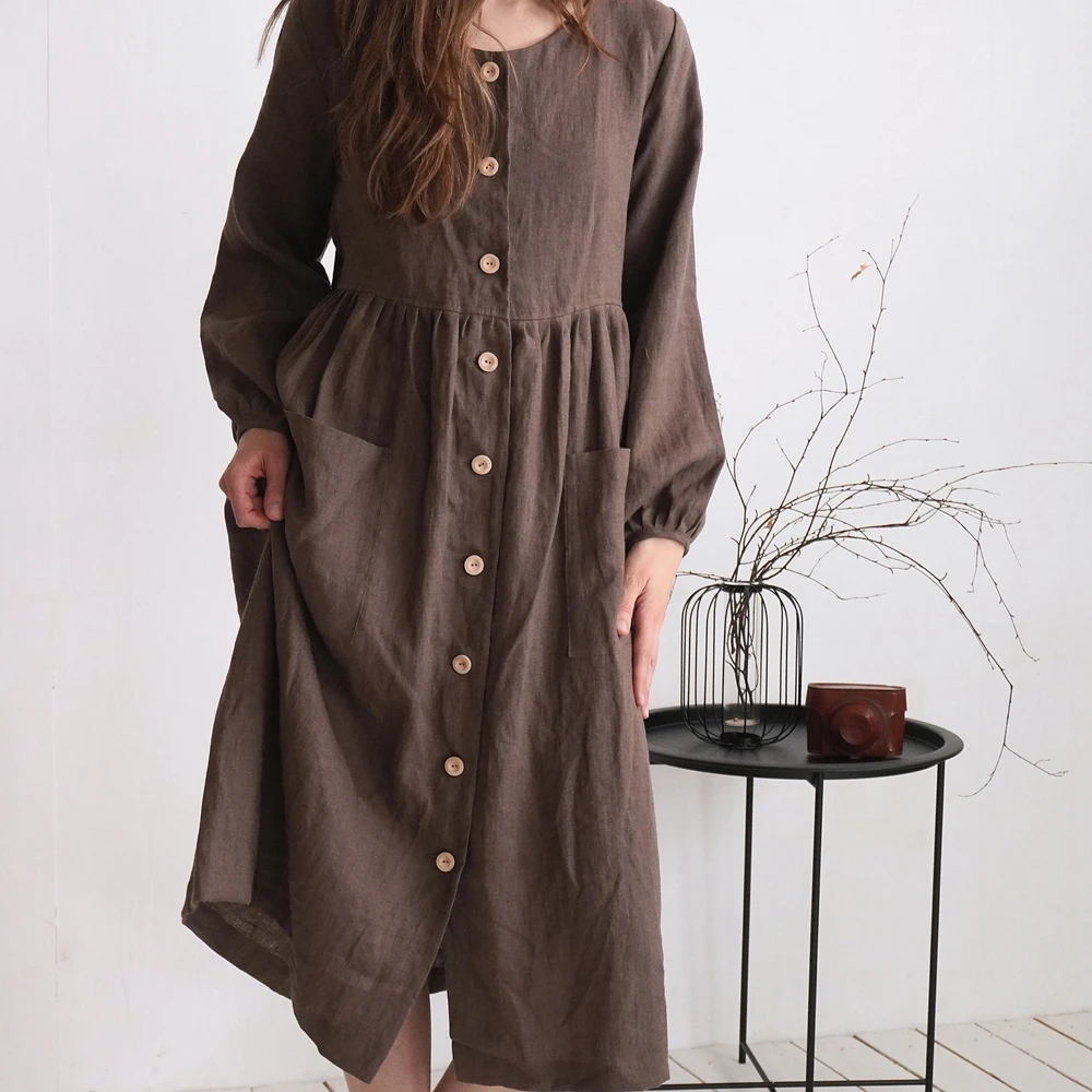 Vestido de maternidad de lino, corte holgado, con botones delanteros, marrón, Maxi, informal, de algodón, transpirable, ropa de maternidad, uso diario