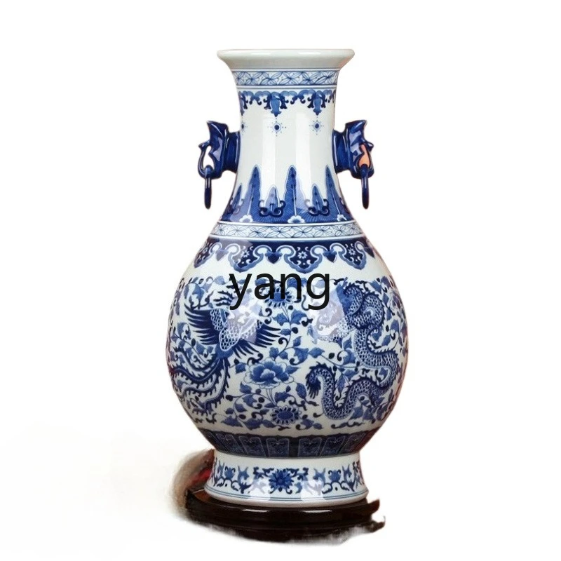 

TGF high-grade hand-painted blue and white porcelain double elephant ears dragon and phoenix chengxiang large vase