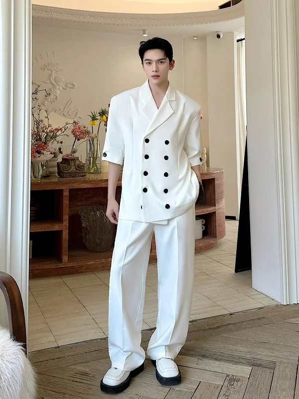 

Summer Double-Breasted Seven-Arm Suit Wide-Leg Straight-Pant Two-Piece Set Trendy Haome ort-Sve Hair St Suit