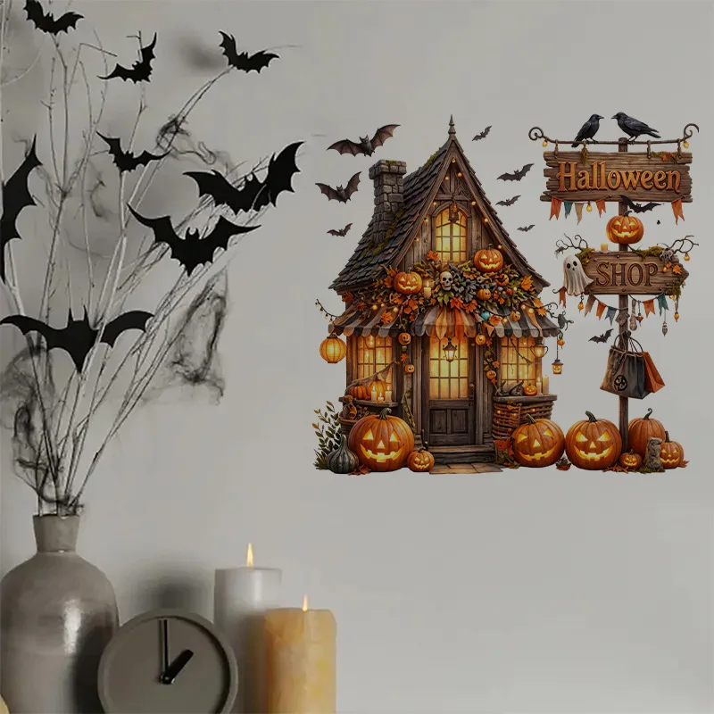 Spooky Halloween Magic Cottage Wall Decal, Self‑Adhesive Holiday Wall Sticker, Shop Living Room Hallway Home Art Wall Decoration