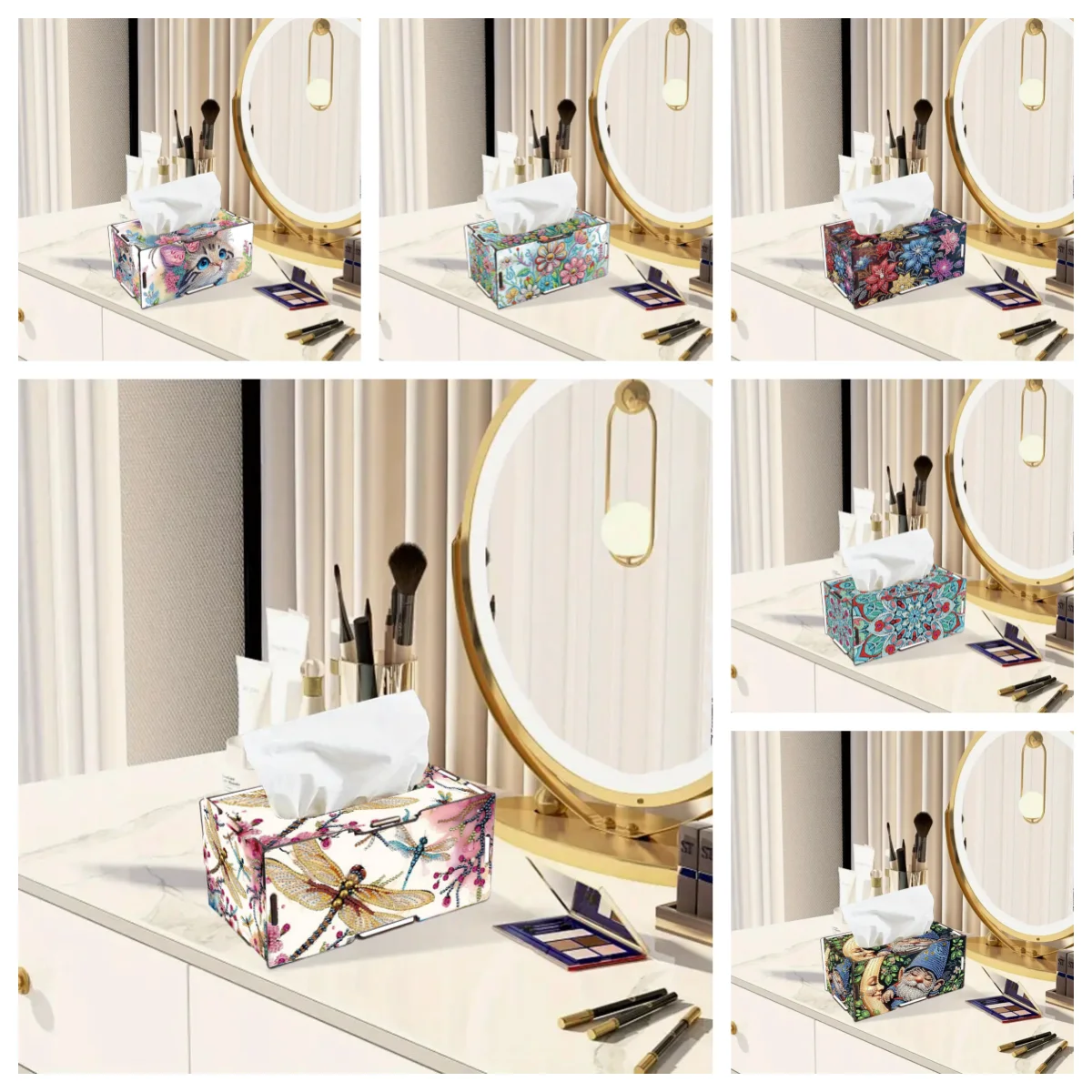 1 DIY Handcrafted Wooden Floral/Animal Pattern Diamond Painting Tissue Box and Tissue Box, Naturally Inspired Inlaid Art Piece view 4
