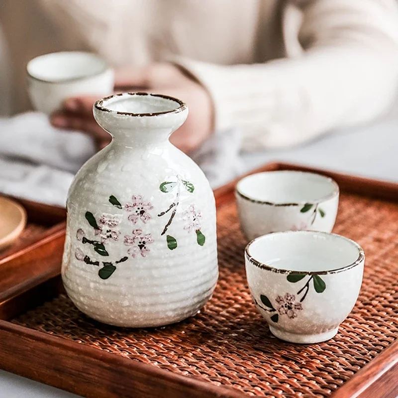 Sakura Wine Set Japanese Sake Set Ceramic Flagon Wine Pot with Drinking Cup Bar Soju Set (1 pot + 2 cups)
