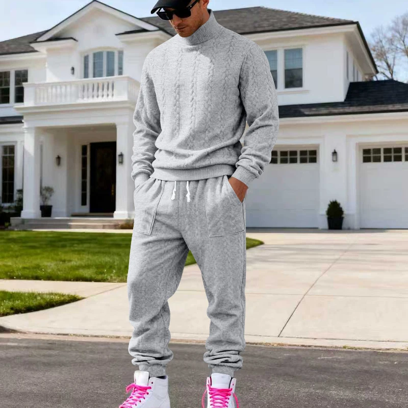 Men's Fleece-Lined Warm High-Neck Two-Piece Set Knit Sweater Casual Jogger Pants Winter Leisure Sports Set