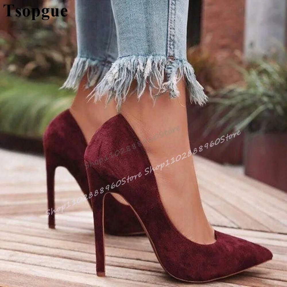 

Burgundy Suede Shallow Luxury Banquet Pumps Thin High Heel Shoes For Women Slip On Pointed Toe 2025 Fashion Zapatos Para Mujere