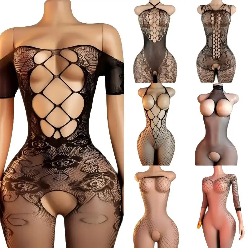 Crotchless Bodystocking Women - Mesh  Lingerie One Piece,  Costume for Baby Doll Dress, Black Full Body Stockings