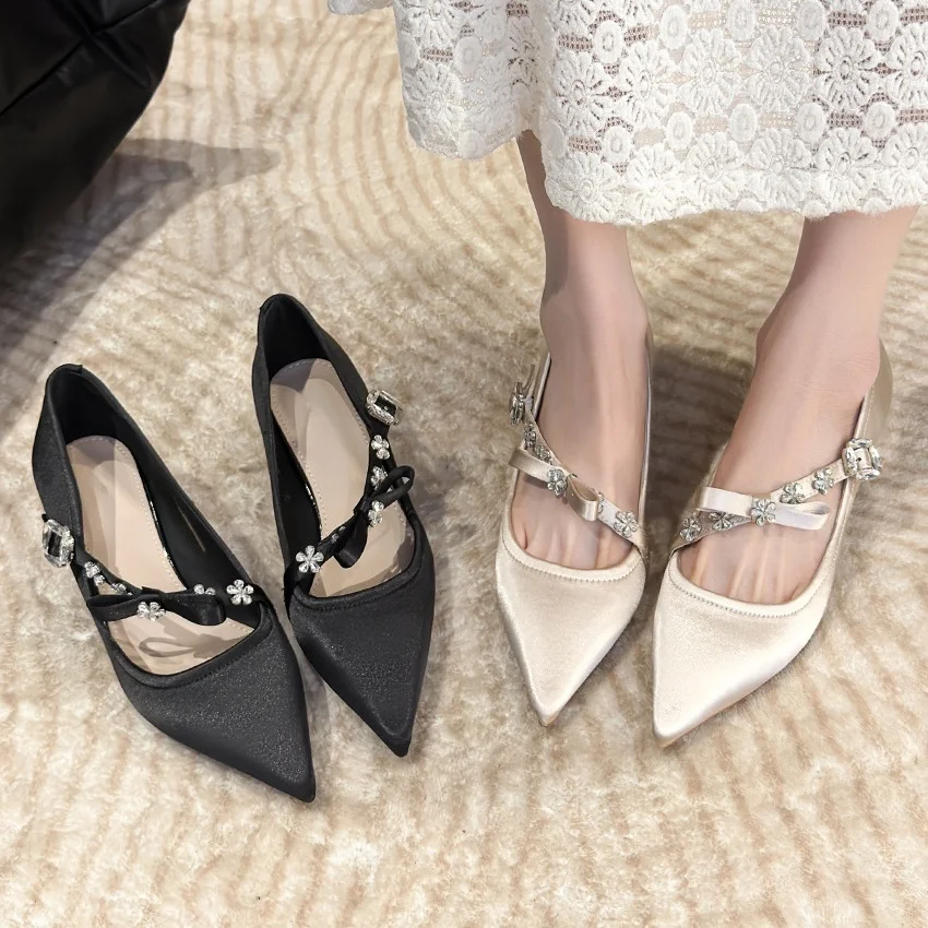 

Gentle Elegant High Heels Luxurious Temperament High Heels One Word Buckle Diamond Single Shoes Pointed High Heels Bow Tie Shoes
