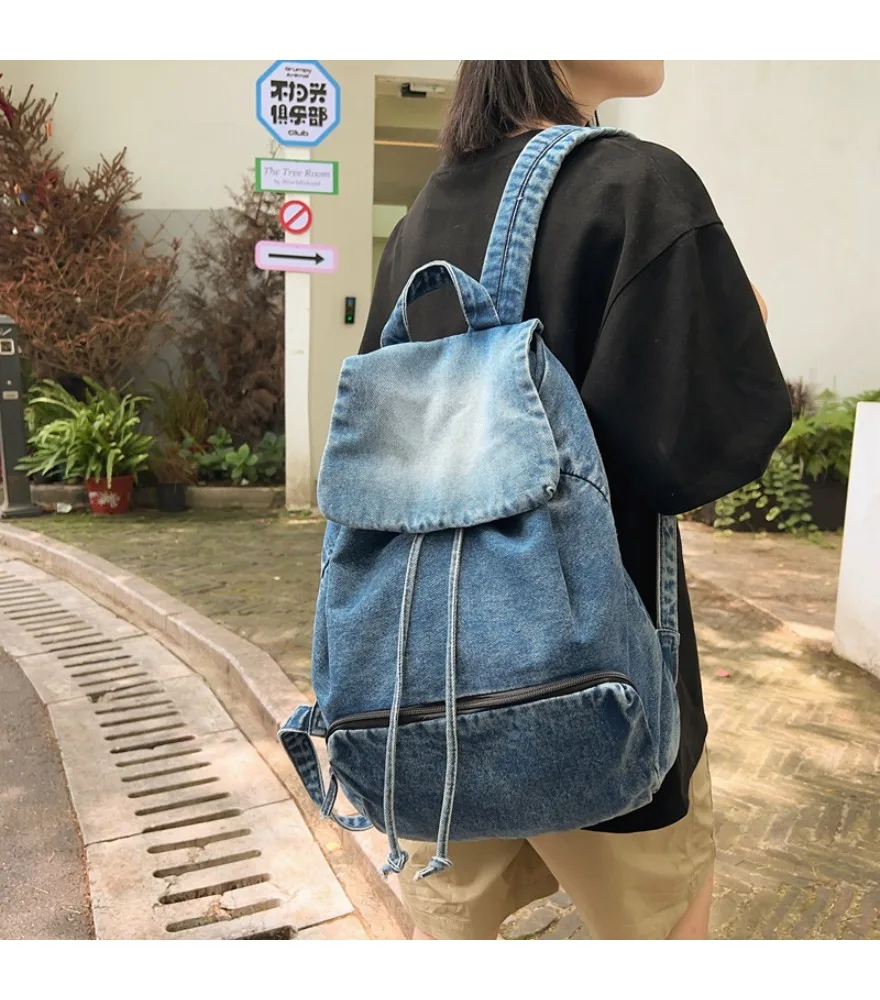 

Denim canvas bag women's Harajuku tooling wind backpack Korean simple solid color student travel backpack