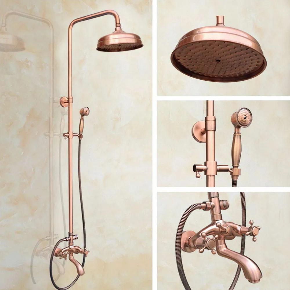 

Antique Red Copper Shower Faucets Set 8'' Rainfall Shower Head Dual Handle Mixer Tap Swivel Tub Spout Bath Shower Zrg501