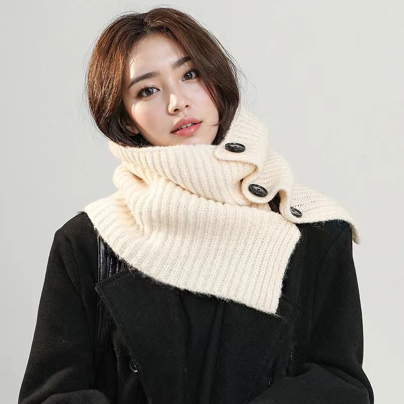 Korean Winter Neck Warmer Wool Knitted Scarves Soft Thickened Pashmina Shawls Wraps Women Detachable Fake Collar Button Scarf