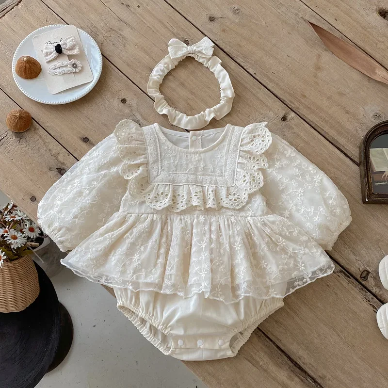 

Baby Girl Cotton Embroidery Lace Romper Sets 0-2Y Vintage Princess Ruffle Bubble Sleeve Triangle Bodysuit with Headband Clothes