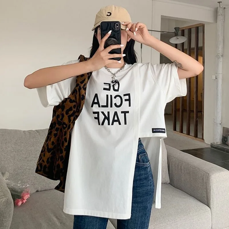 

Letter Printed T-shirts Women Side Split Short Sleeve O-neck Loose Tops Summer Korean Style High Street Versatile Tees Female