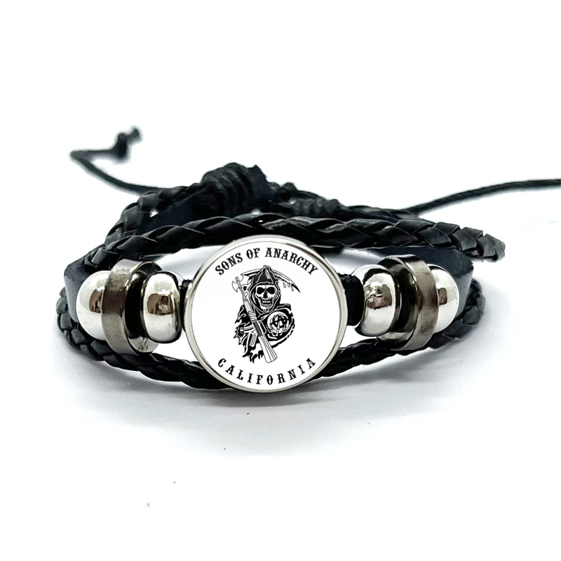 Sons Of Anarchy LOGO Leather Bracelets Freedom Symbol Pendant анархия Glass Dome Bracelet & Bangles Rock Punk Jewelry Gifts