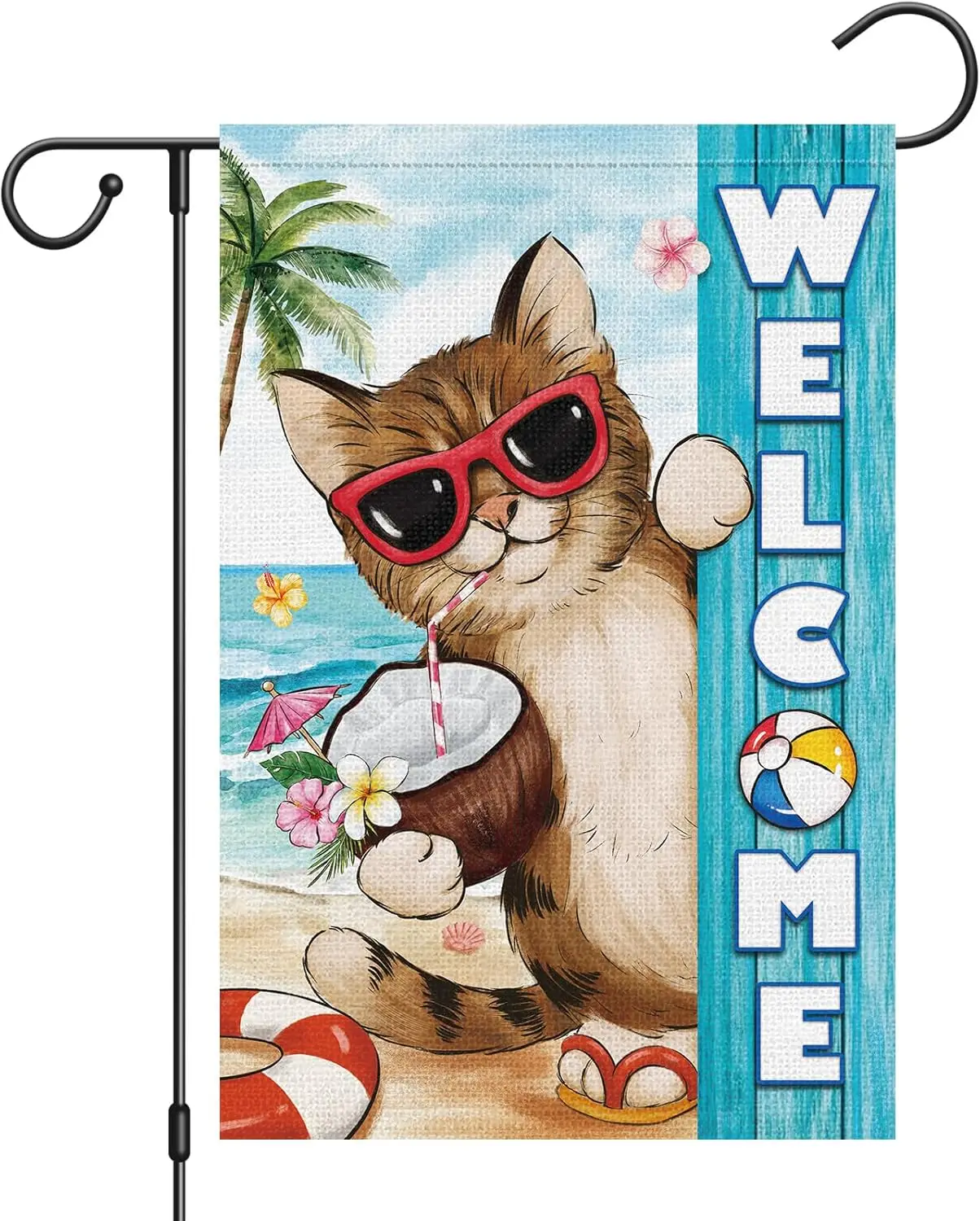 Heyfibro Bienvenido Verano Cool Cat Garden Bandera 12x18 Arpillera de doble cara, Hawaii Tropical Playa Vacaciones Océano Mar Coco Patio VVJ
