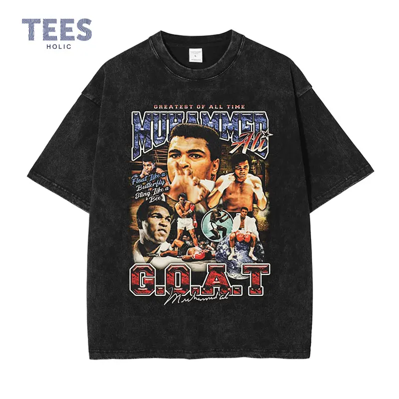 

Muhammad Ali T Shirt Streetwear Boxer Vintage Washed Oversize T-shirts Hip Hop Boxing Short Sleeve Harajuku Old School Tops Tees