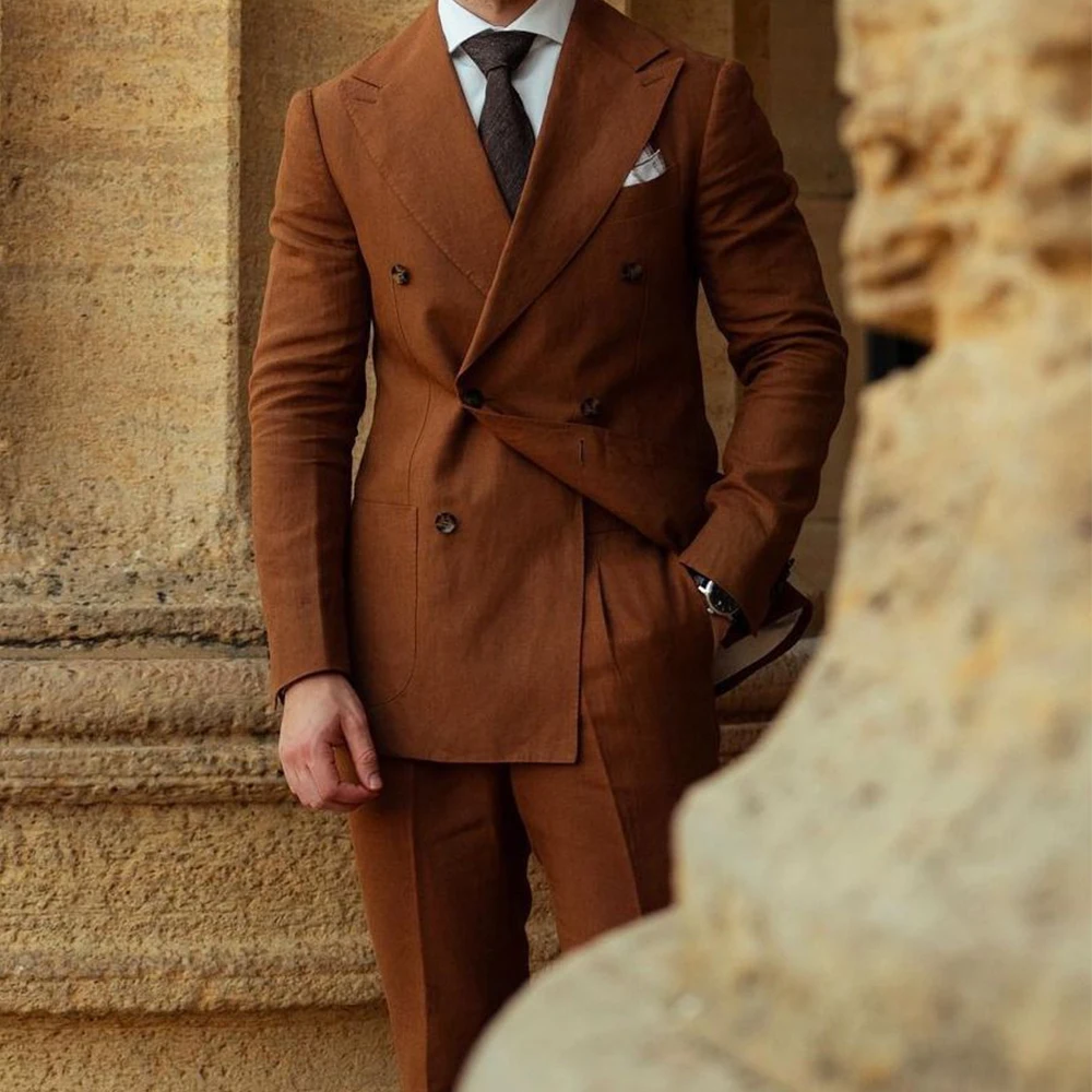

Men's Linen Suit 2 Piece Set Double Breasted Slim Fit Comfortable Elegant Business Suit Casual Fashion Blazer Pant Formal Weddin