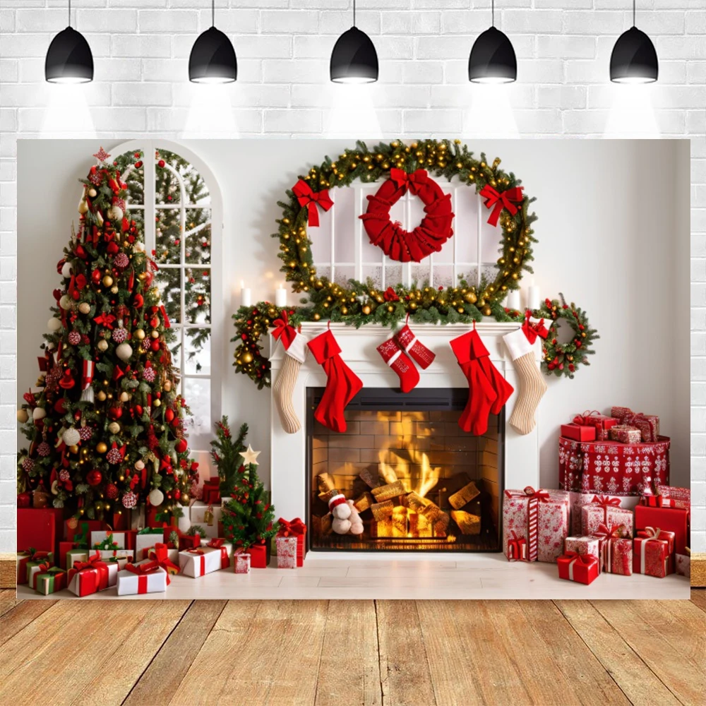 Christmas Photography Backdrop Winter Window Fireplace Xmas Tree Gifts Family Party Kids Portrait Background Decor Photo Studio