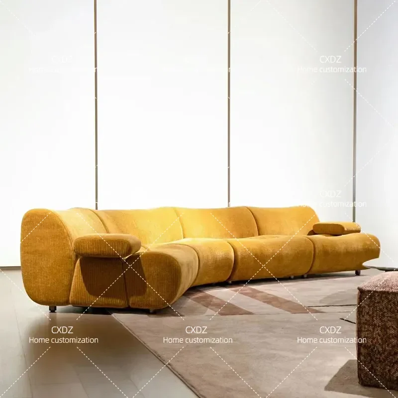 Retro Fabric Sofa Curved Light Luxury Minimalist Sectional for Large Villa Living Room Hotel Lobby Mall Commercial Use