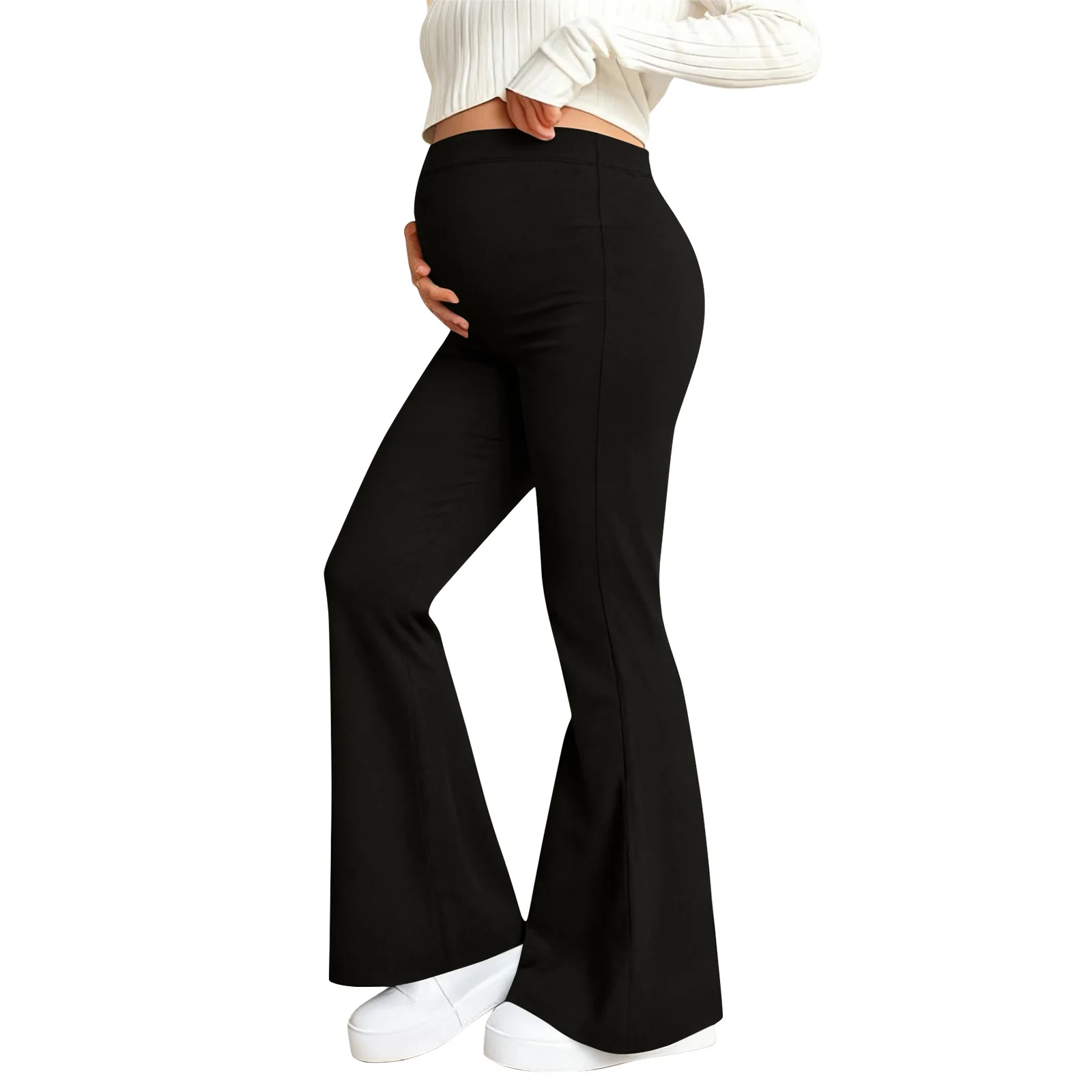 Zwangerschapsyogabroek met een buikzak Rekbare wijde pijpen Werk-casual broek Zwangerschapsloungewear-broek Workout-legging