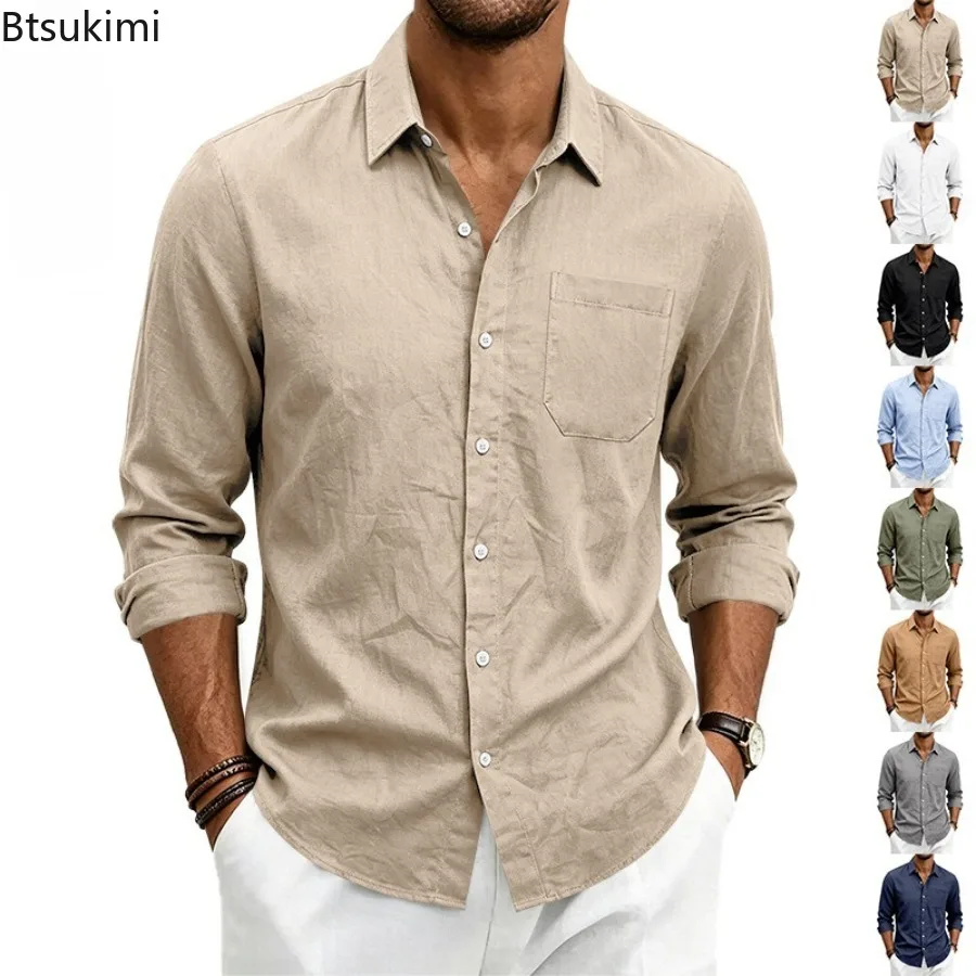 

2026 New Men's Cotton Linen Shirts Summer Lightweight Casual Shirts Long Sleeve Henley Beach Hawaiian T-Shirts Men Luxury Tee